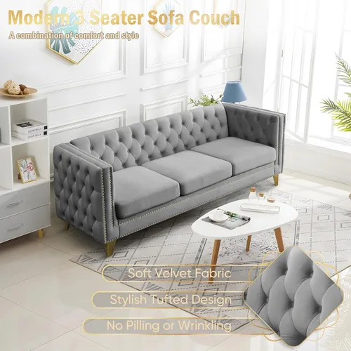 Miniatura 4 de Sofá de terciopelo de 3 plazas, cómodos sofás para sala de estar, sofá moderno con respaldo copetudo y decoración de remaches, sofá largo tapizado