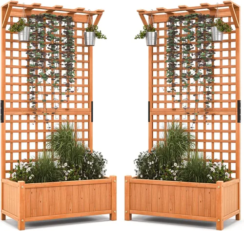 Miniatura 16 de Maceta de Jardín de Madera Giantex con Enrejado, Cama Elevada de 180 cm para Jardín, Enrejado Alto para Plantas Trepadoras y Flores, Maceta