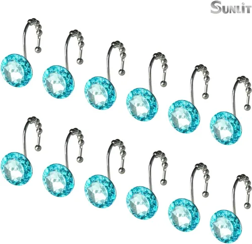 Miniatura 3 de Sunlit Diseño de lujo redondo azul turquesa diamante gema brillante con bolas deslizantes ganchos para cortina de ducha para cortinas de ducha