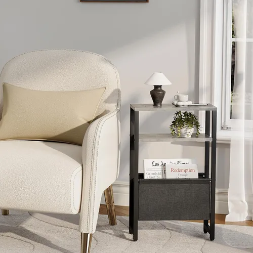 Miniatura 6 de Mesa auxiliar estrecha, mesa auxiliar delgada con revistero, mesita de noche para espacios pequeños, mesa de sofá de 3 niveles para sala de estar