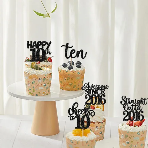 Miniatura 5 de Paquete de 30 adornos para cupcakes de 10º cumpleaños con purpurina recta hacia fuera de 2016, Happy 10th Ten Awesome Since 2016, 10 fabulosas