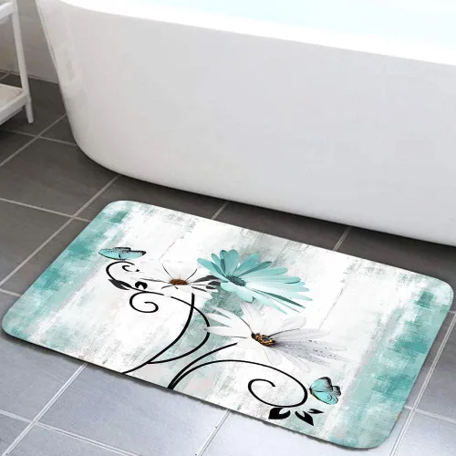 Alfombra de baño rústica de granja, color verde azulado con margaritas, flores florales, mariposa, alfombra de baño de madera para baño, alfombra de