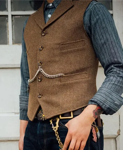 Miniatura 4 de Chaleco clásico de lana Tweed para hombre chaqueta sin mangas chaleco de espiga para esmoquin