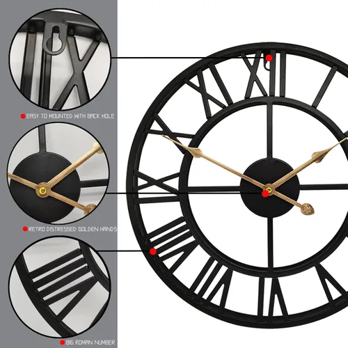 Miniatura 3 de Reloj de pared grande de 20 pulgadas para decoración del hogar para sala de estar, relojes de arte de hierro sin tictac, números romanos, metal Negro
