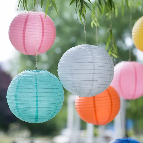 Miniatura 8 de Linternas de papel de estilo chino, juego de 5, adecuadas para decoración de fiestas (azul claro, 12 pulgadas)