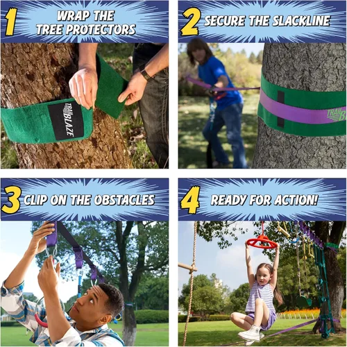 Miniatura 11 de Trailblaze Curso de Obstáculos de Guerrero Ninja para Niños - Diversión al Aire Libre 2x55 Pies de Cuerda Floja Ninja, Red de Escalada, Escalera