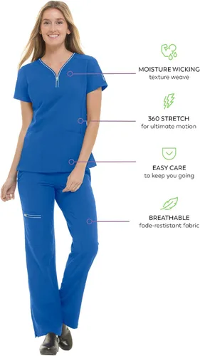 Miniatura 5 de Healing Hands Camiseta quirúrgica para mujer, 3 bolsillos, cremallera, cuello en Y, ligera, transpirable, tela elástica 2254 Sonia HH360
