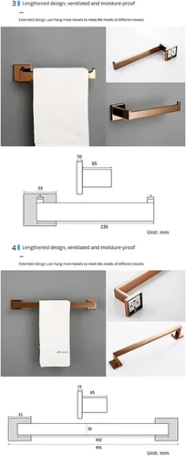 Miniatura 4 de Barras de agarre de oro rosa pulido, cuatro piezas, accesorios para bañera de baño, soporte para papel higiénico, gancho para toalla, montaje