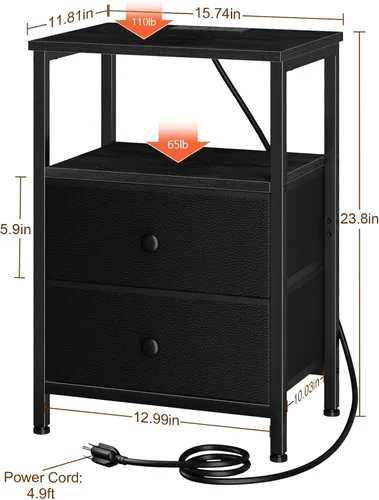 Miniatura 3 de LOAKEKEL Mesita de noche, mesita de noche con estación de carga, mesa auxiliar con almacenamiento 2 cajones de tela para dormitorio, mesa auxiliar