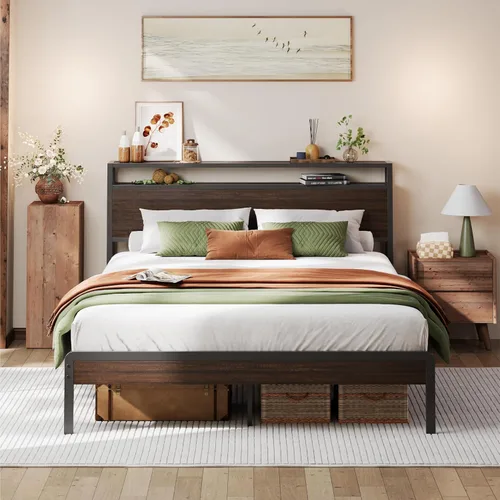 Miniatura 29 de LIKIMIO Marco de Cama King con Cabecero, Marco de Cama King de Madera Oscura con Soportes Fuertes, Resistente, Sin Ruido, No Necesita Somier, Nogal