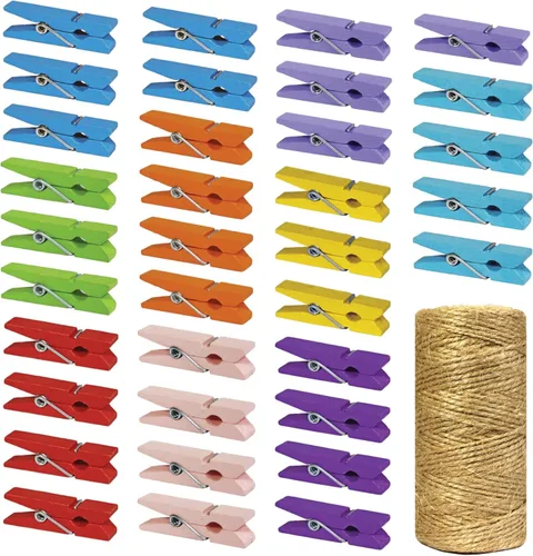 Mini pinzas de madera natural con cordel de yute, 100 unidades, 1.4 pulgadas, clips para manualidades con cordel natural de 320 pies para álbumes de