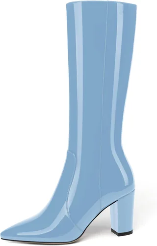 Miniatura 93 de AMBELIGHT Botas altas hasta la rodilla con cremallera y puntera puntiaguda para mujer, de patente sólida, tacón alto, 3.3 pulgadas