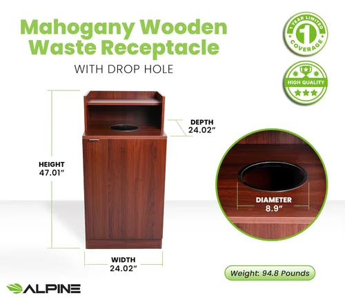 Miniatura 2 de Alpine Restaurant Trash Bin Cabinet - Commercial Trash Can Garbage Receptacle Indoor with Tray Holder for 32 Gallon Garbage Bin (Mahogany)