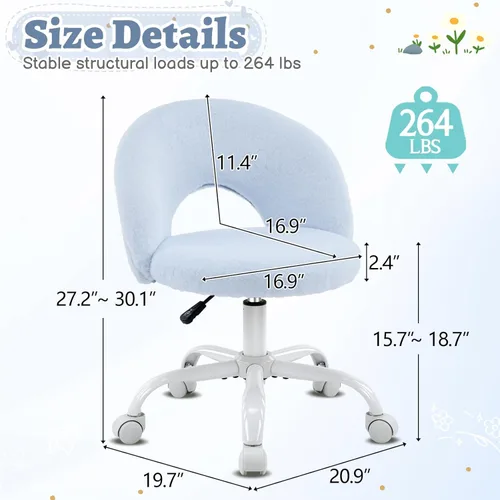 Miniatura 2 de VINGLI Silla de tocador pequeña con ruedas de piel sintética para niñas, bonita silla de escritorio de oficina sin brazos de altura ajustable