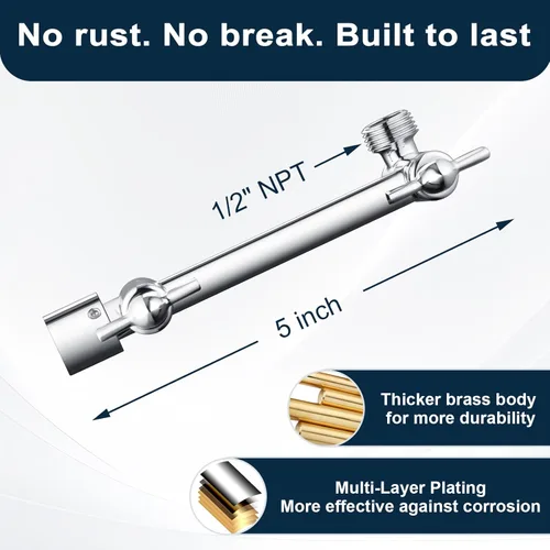 Miniatura 2 de BRIGHT SHOWERS Extensor de brazo de ducha de latón para lluvia y cabezal de ducha de mano, brazo de extensión universal de 5 pulgadas, altura y Cromo