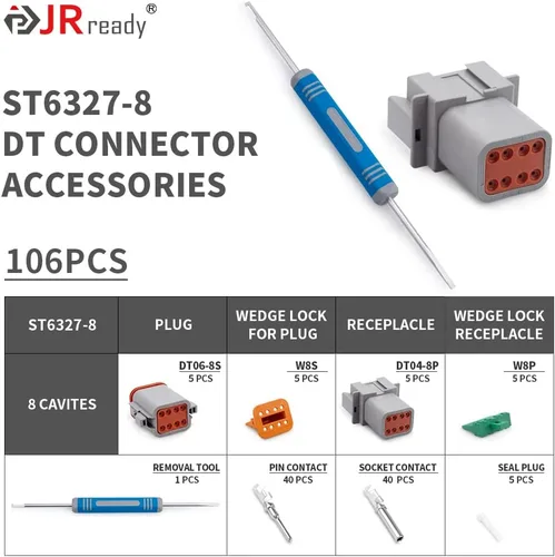 Miniatura 2 de JRready ST6327-8 Kit de conectores Deutsch de 8 pines serie DT, conector DT gris impermeable de 8 pines (5 juegos), tamaño 16 contactos estampados