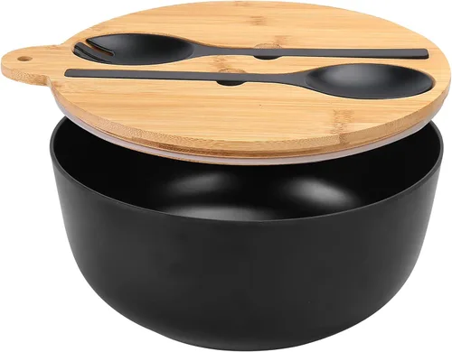 Miniatura 12 de ShineMe Juego de Ensaladera Negra, Ensaladera Grande de Fibra de Bambú de 9.8 pulgadas con Tapa y Utensilios (Cuchara y Tenedor), Tazón Sólido
