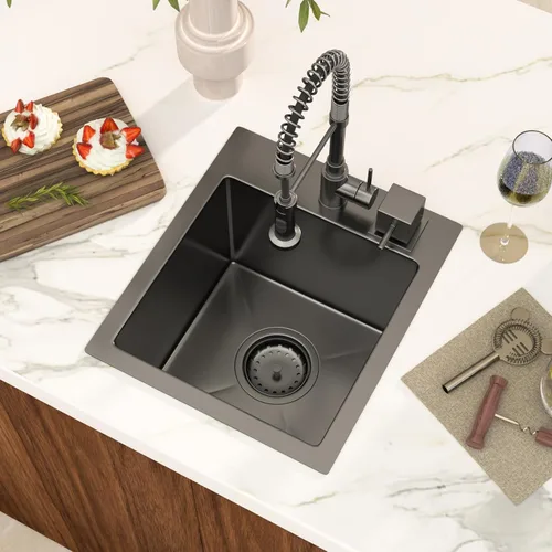 Black Bar Sink Drop in 13x15 Inch Topmount Single Bowl Kitchen Sink Handmade T304 Stainless Steel Wet Bar Sink Outdoor RV Handmade Small Prep Sink