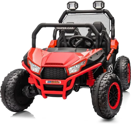 Hikiddo Vehículo UTV de 2 plazas, auto de juguete para niños grandes con control remoto, 2WD/4WD conmutable, 4 motores de 200 W, rojo oscuro