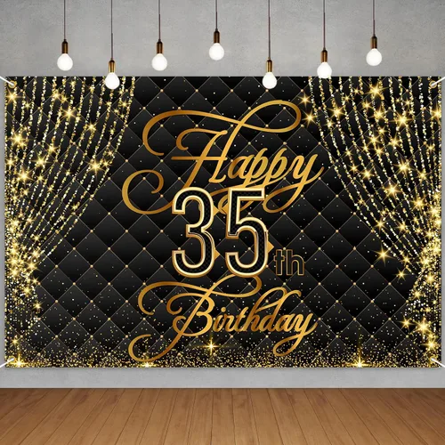 Cartel de feliz cumpleaños 35 años, decoración de cortina real, fondo negro y dorado, cumpleaños de 35 años para mujeres y hombres, suministros de