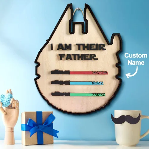 Miniatura 5 de Letreros de madera personalizados con nombres y sables de colores personalizados con texto en inglés "I AM THEIR THEIR Father", grabado con nombre