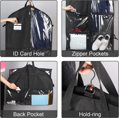 Miniatura 3 de Bolsas de ropa de baile negras de Zilink, bolsa de ropa de 40 pulgadas para competiciones de baile con 5 bolsillos transparentes con cremallera