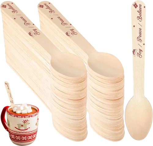 Miniatura 7 de Umigy 100 cucharas de madera desechables de 5.5 pulgadas, cucharas de madera desechables de Navidad con patrón de cuchara de madera para chocolate