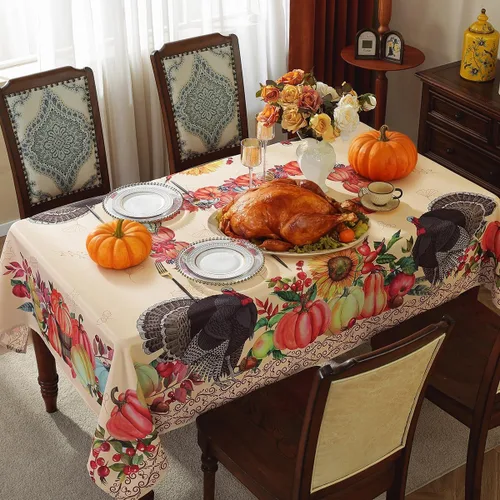 Miniatura 2 de SASTYBALE Mantel rectangular de Acción de Gracias, mantel de otoño con pavo y calabaza, lavable, resistente a las manchas, de poliéster