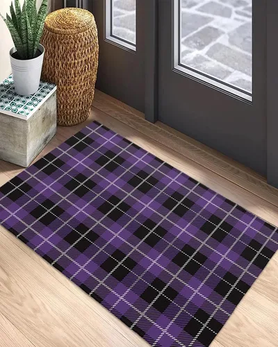Miniatura 5 de Tapetes para interiores y exteriores, tapete de Halloween a cuadros morados y negros, antideslizante, absorbente, resistente a la suciedad, tapete