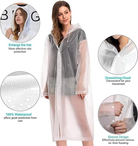 Miniatura 3 de Poncho de lluvia para adulto, paquete de 2 impermeables reutilizables de emergencia con capucha y cordón Blanco+Blanco