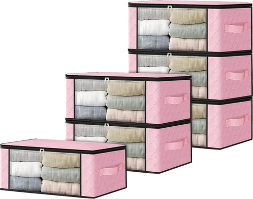 Miniatura 36 de HomeHacks Paquete de 3 bolsas organizadoras de ropa, caja de almacenamiento plegable con gran ventana transparente y asas resistentes para armario