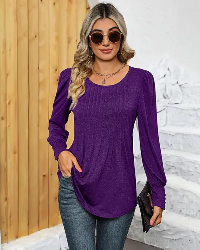 Miniatura 4 de Ficerd Blusa plisada de manga corta abombada para mujer, cuello redondo, elegante, casual, holgada, para primavera y verano