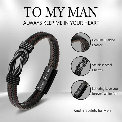 Miniatura 4 de Pulsera de nudo de hombre para regalo, cuero trenzado color marrón, del infinito, de acero inoxidable, con la frase Love You Forever, para hijos