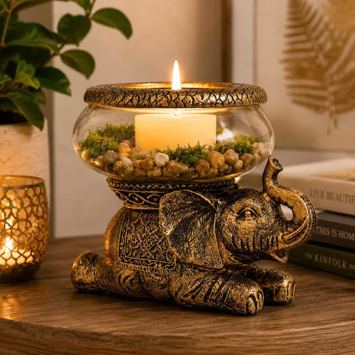 Miniatura 7 de Tazón de cristal de elefante de buena suerte, figura decorativa envejecida dorada con cuenco de vidrio extraíble, terrario, portavelas o acuario