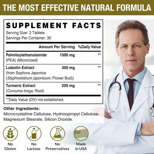 Miniatura 2 de Palmitoiletanolamida de 1500 mg con luteolina 98% y cúrcuma, alta absorción, suplemento de guisantes micronizados para el manejo de molestias