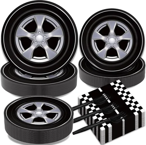 Kepeel Juego de 200 platos y servilletas para fiesta de autos de carreras, suministros y decoraciones para fiesta de pista de carreras de autos de