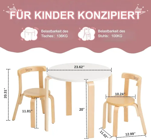 Miniatura 3 de Swegrow Juego de mesa y 2 sillas para niños, mesa y sillas de madera para niños y bebés, muebles de madera para niños para sala