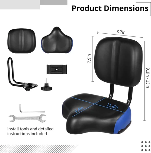 Miniatura 4 de Asiento de bicicleta con respaldo – Sillín de bicicleta de gran tamaño con soporte de espalda, asiento ancho acolchado de poliuretano