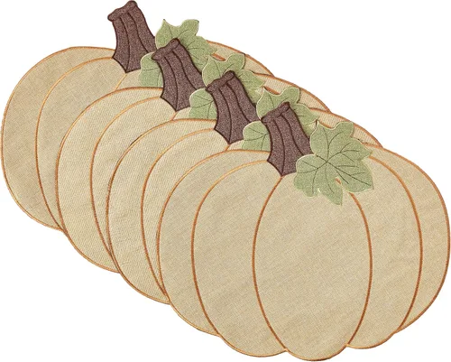 Violet Linen Juego de 4 manteles individuales decorativos con diseño de calabaza de otoño de cosecha de Acción de Gracias, apliques bordados de
