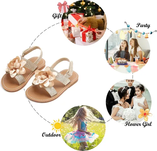Miniatura 5 de Felix & Flora Sandalias para niña pequeña - Zapatos de vestir para niña de flores, puntera abierta, zapatos planos de verano para niños pequeños