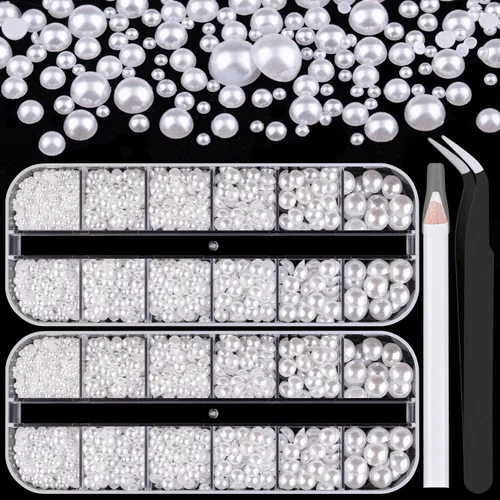 Miniatura 11 de Kit de 2700 perlas con parte trasera plana, 1 caja de color blanco con parte trasera plana + 1 caja de perlas pequeñas de color beige medio redondo