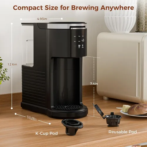 Miniatura 5 de Electactic Cafetera de una sola porción, cafetera 2 en 1 para K-Cup y café molido, tamaños de preparación de 6 a 14 onzas, cafeteras en cápsulas