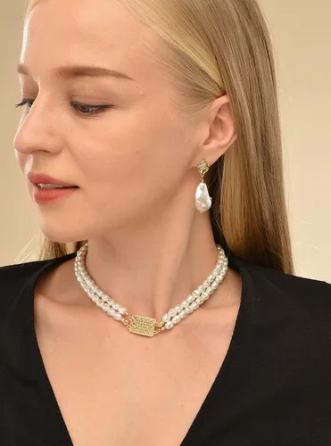 Miniatura 6 de DAZLIME Collar de perlas de cristal para novia, collares de perlas para mujer, medallón con dije de forma irregular, gargantilla delicada para niñas
