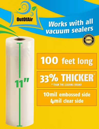 Miniatura 8 de OutOfAir Rollos de Bolsas Selladoras al Vacío de 11" x 100' y Caja Dispensadora con Cortador - Libre de BPA, 4 mil de Espesor - Excelente para Sous