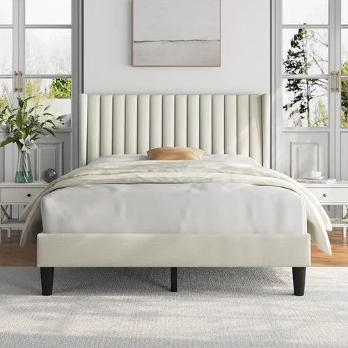 Miniatura 14 de Yaheetech - Base de cama tamaño Queen con plataforma tapizada con cabecero de tela, diseño de borde alado/Antideslizante y libre de ruido/Soporte