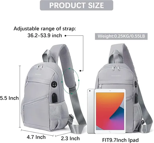 Miniatura 4 de BOSTANTEN Bolso bandolera para mujeres y hombres, bolso cruzado ligero para mujer, bolsa de hombro para viajes, senderismo, con puerto de carga USB
