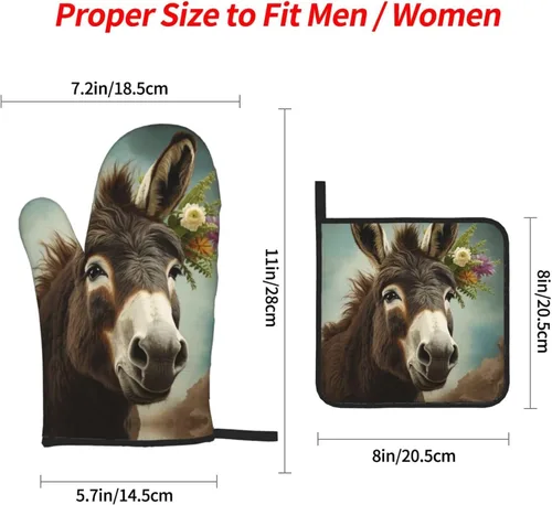 Miniatura 2 de Juego de 4 guantes de horno y soportes para ollas con estampado de animales burros, resistentes al calor, antideslizantes, guantes de horno
