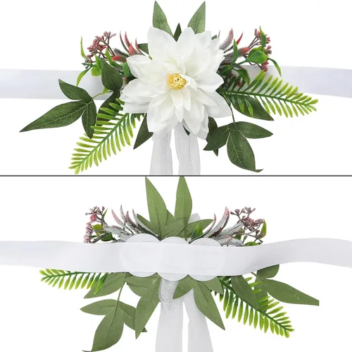 Miniatura 7 de Juego de 6 decoraciones para sillas de pasillo de boda, flores artificiales con cintas, sillas, respaldo de banco, arreglo floral para decoración