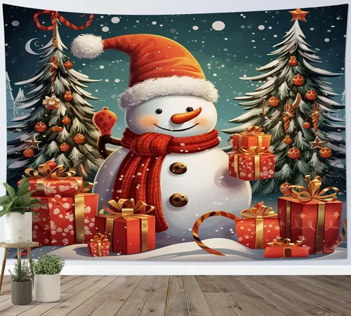 Miniatura 3 de HVEST Tapiz navideño de muñeco de nieve para colgar en la pared, divertido muñeco de nieve con sombrero rojo de Navidad y tapiz de regalo, tapiz