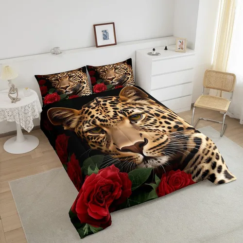Miniatura 2 de Erosebridal Juego de ropa de cama de guepardo con rosa roja, juego de edredón con estampado de leopardo y gato, edredón romántico de plumón, Multi 03